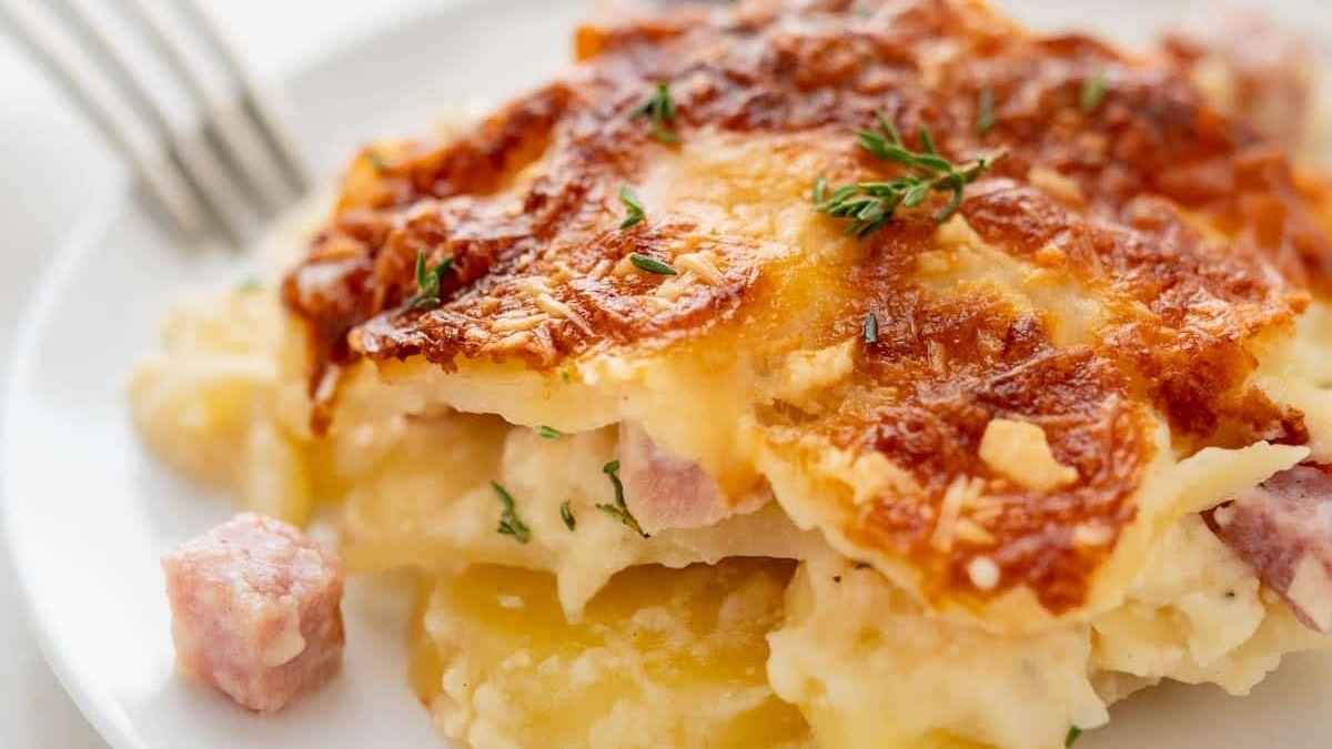 Cheesy Scalloped Potatoes And Ham Casserole.