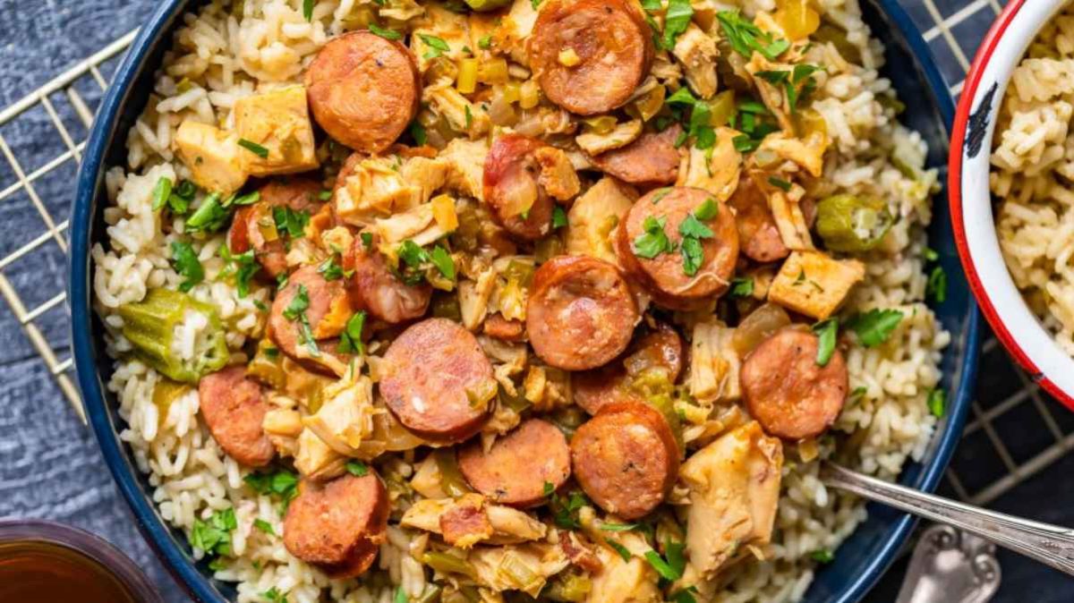 Chicken and Sausage Gumbo Recipe with Okra Pilaf.