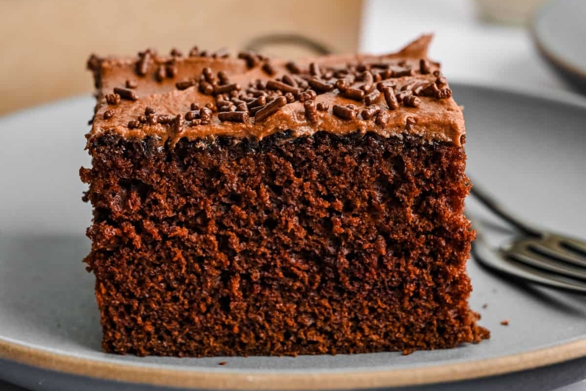 A slice of chocolate cake with chocolate frosting and sprinkles on a plate.