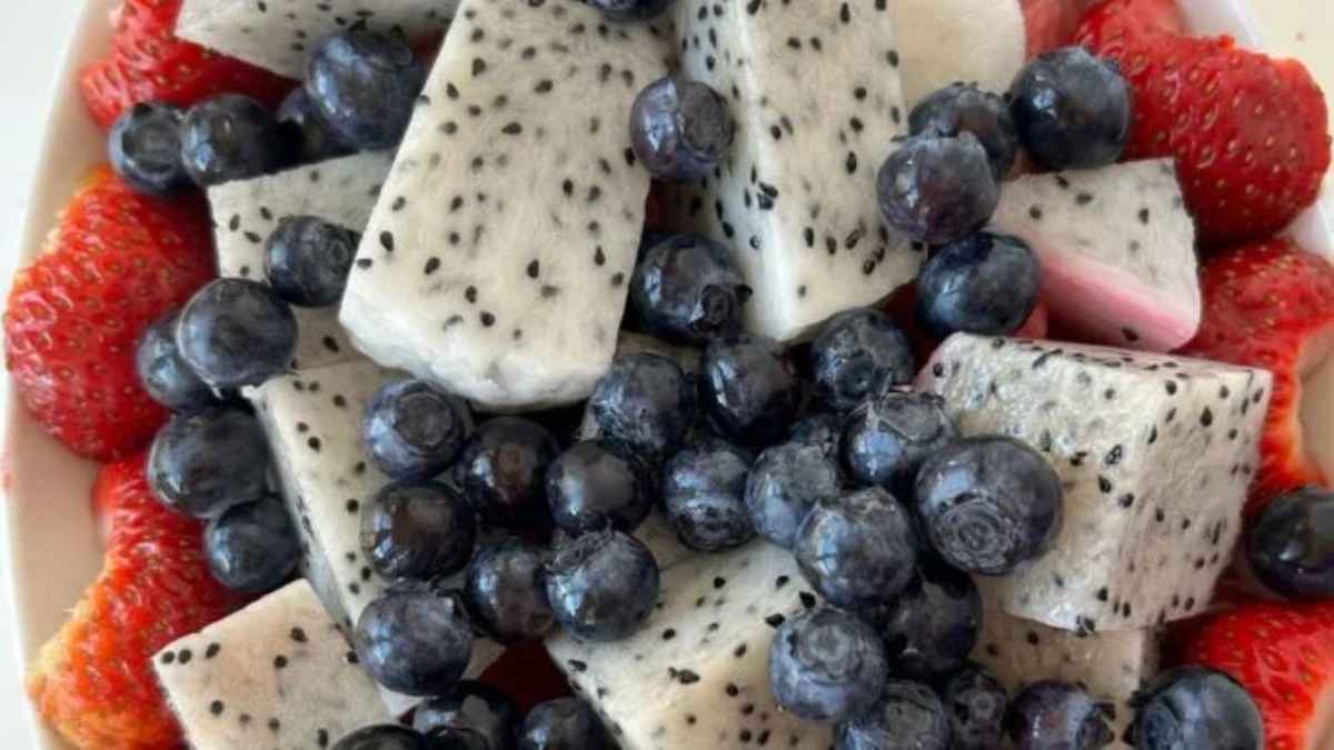 Dragon Fruit Salad With Watermelon, Strawberries, And Blueberries.