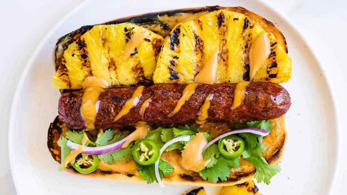Hawaiian Hot Dogs With Grilled Pineapple And Teriyaki Mayo.