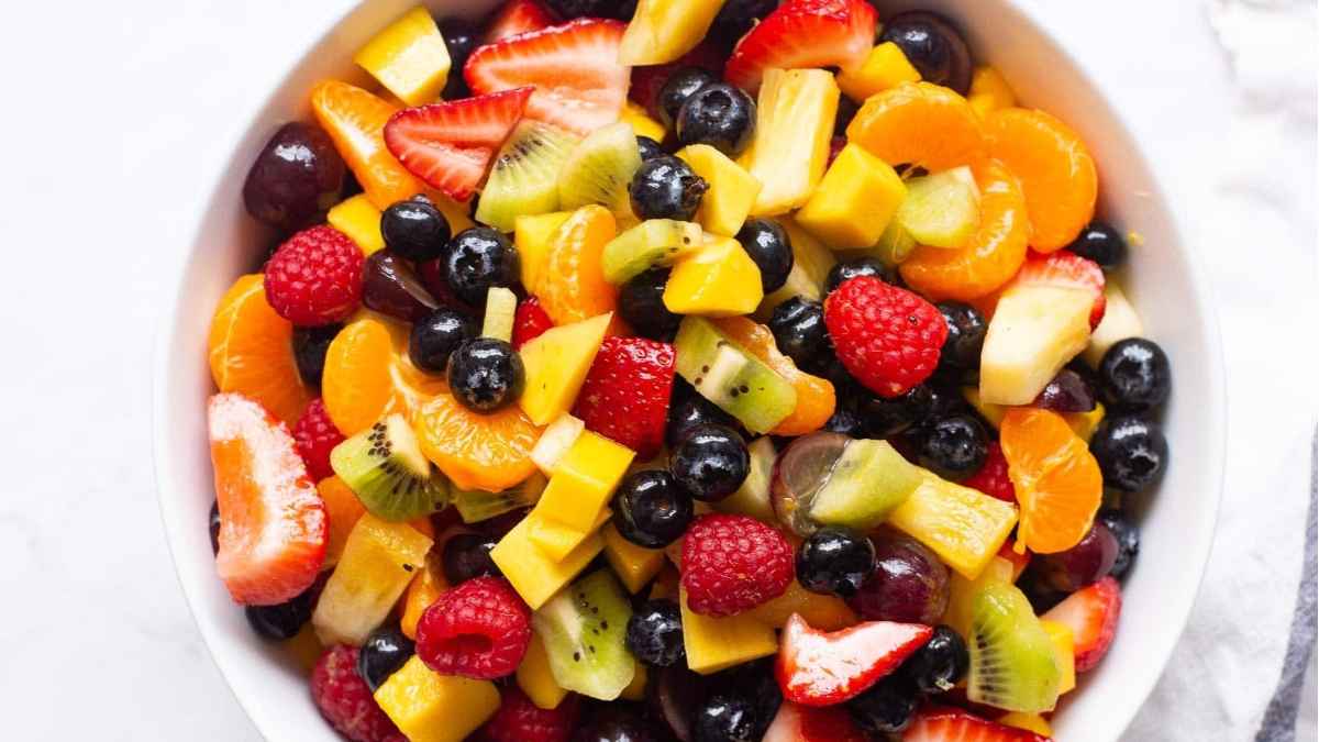Healthy Fruit Salad With Honey Lemon Dressing.