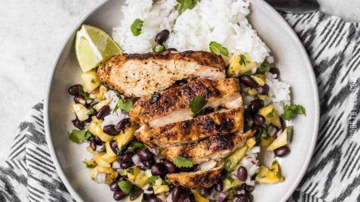 Jerk Chicken With Pineapple Black Bean Salsa. 