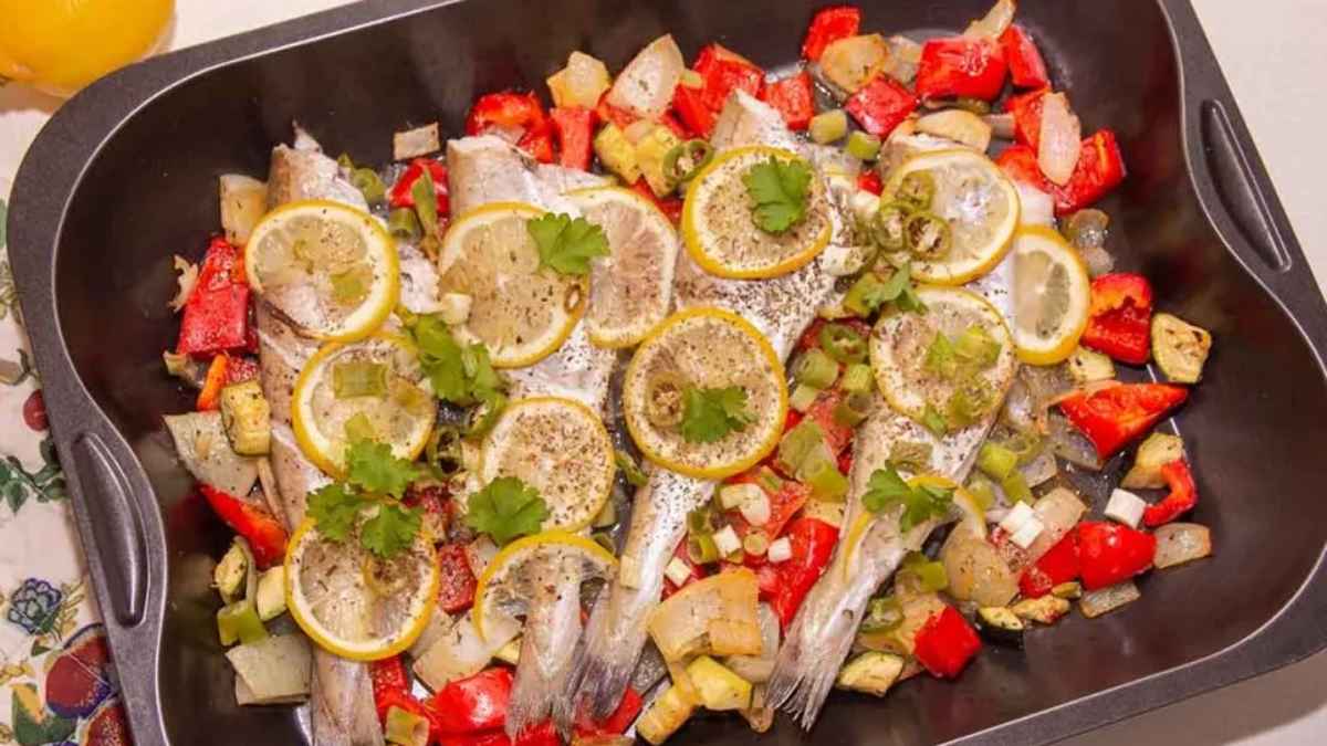 Lemon Baked Whiting With Roasted Vegetables.