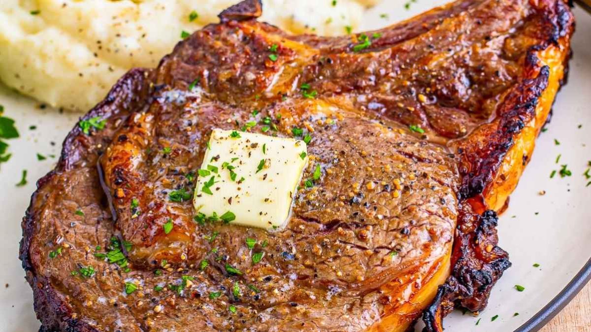 Marinated Air Fryer Ribeye Steak Recipe (Bone-In).