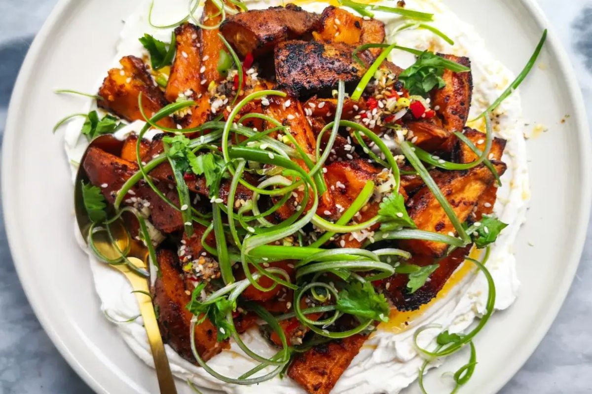 Miso Roasted Sweet Potatoes With Labneh And Chilli Lime Salsa