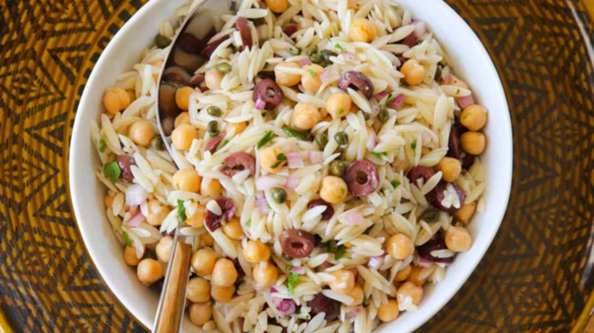 Orzo Chickpea Pasta Salad with Olives. 