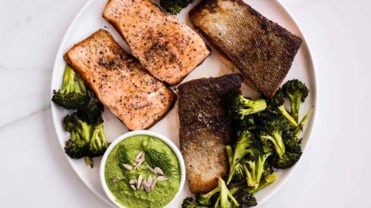 Pan-Seared Salmon With Sunflower Seed Pesto.