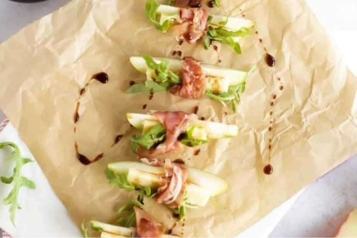 Prosciutto Wrapped Pears with Manchego. 