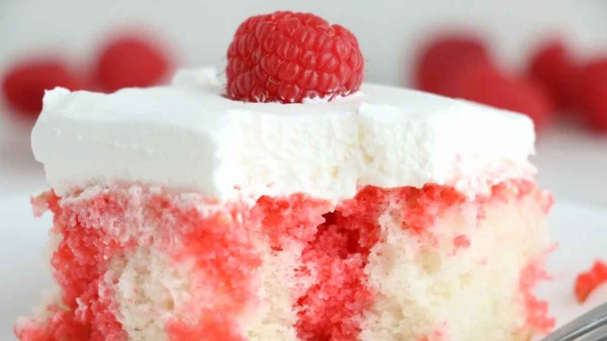 Raspberry Jello Poke Cake Recipe.