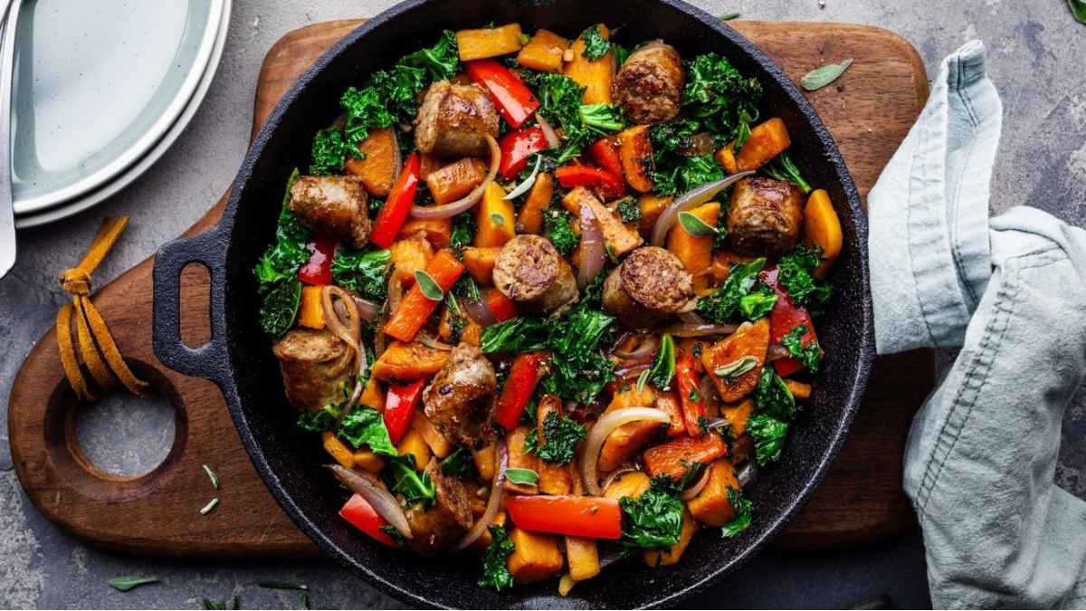 Rosemary Sage Sweet Potato Kale and Sausage Hash.