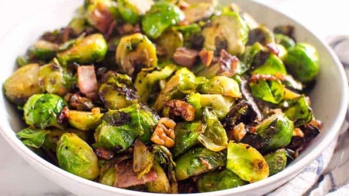 Sauteed Brussels Sprouts With Bacon And Pecans.