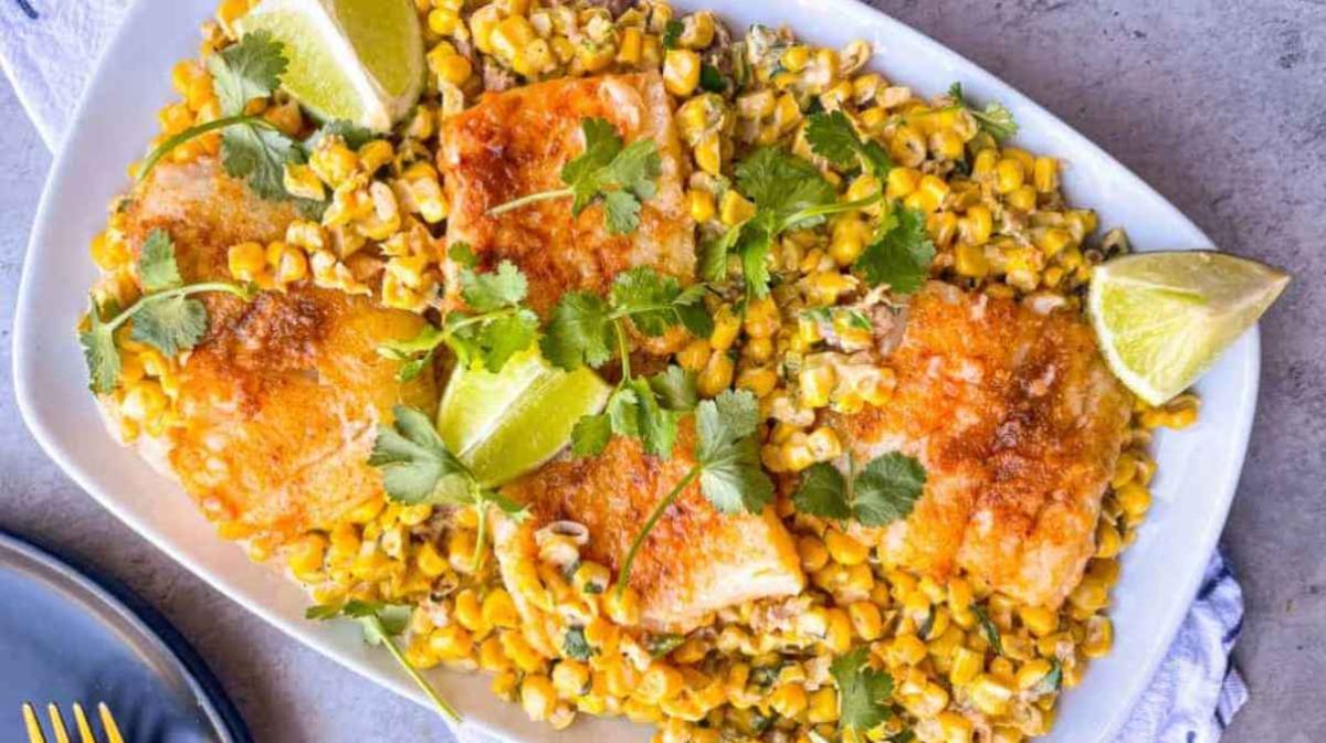 Seared Halibut Recipe With Creamy Sweet Corn.