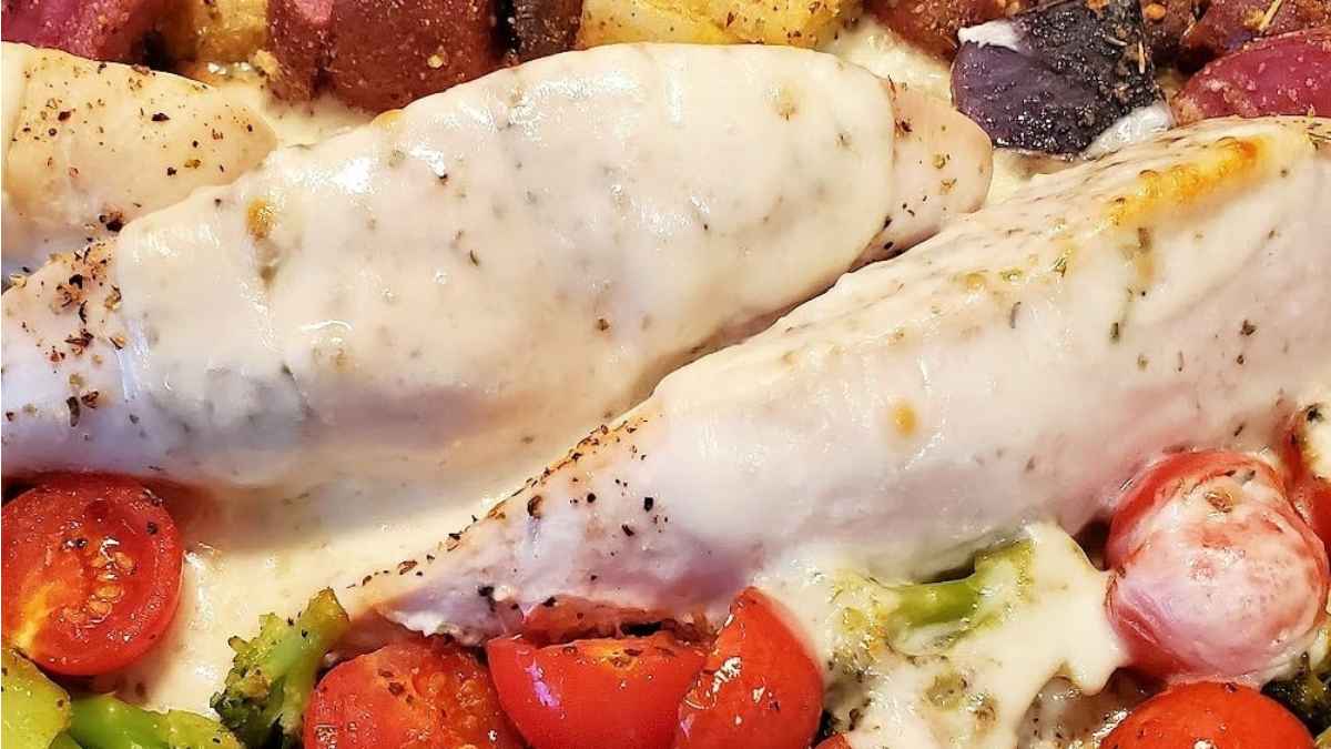 Sheet Pan Mozzarella Chicken, Potatoes And Vegetables.