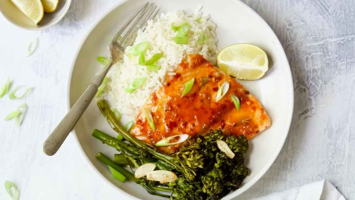 Sheet Pan Thai Baked Fish with Broccolini. 