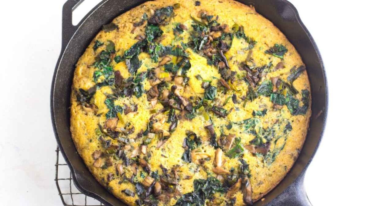 Skillet Low Fodmap Mushroom Kale Cornbread Stuffing. 