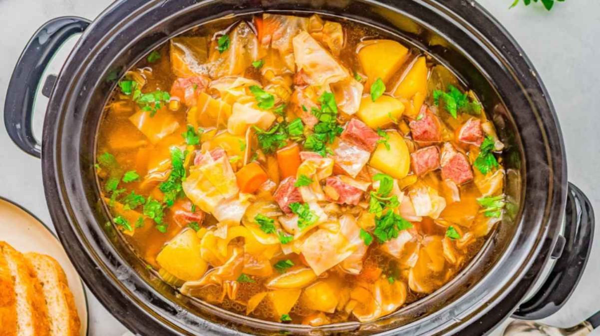 Slow Cooker Corned Beef And Cabbage Soup.