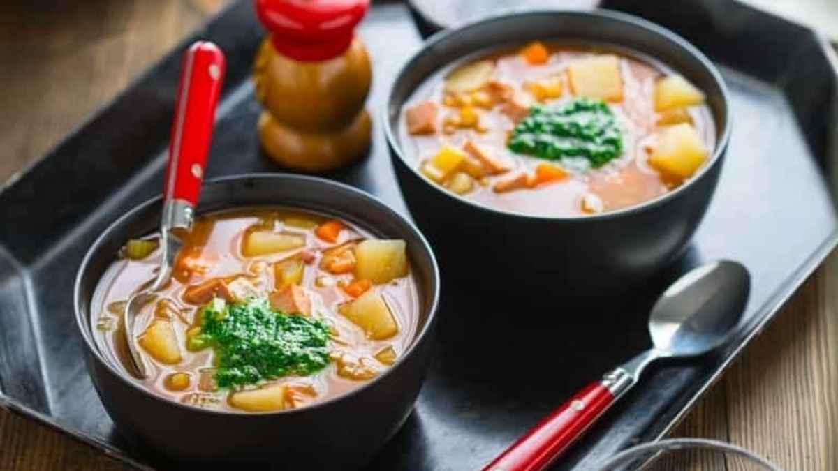 Slow Cooker Ham Barley Soup With Spinach Pesto.