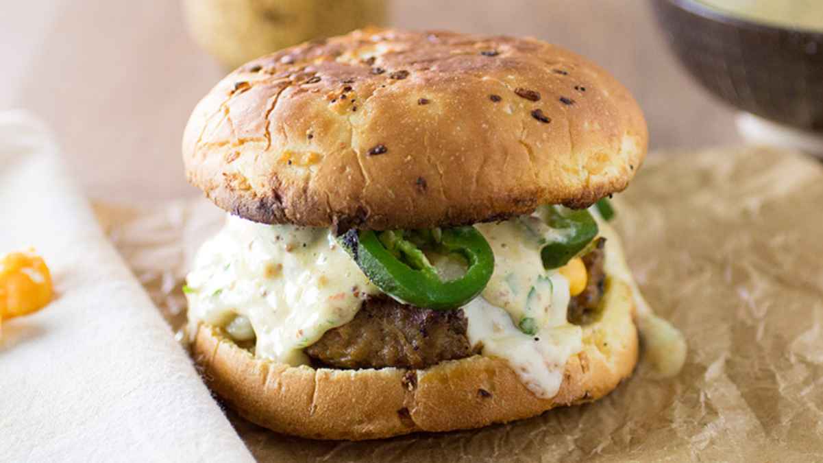 Spicy Ground Pork Burgers With Ghost Pepper-Mustard Aioli Recipe. 