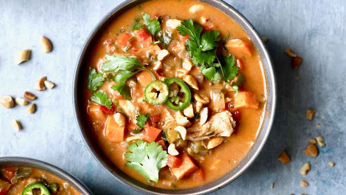 Spicy Peanut Soup with Chicken and Sweet Potatoes. 