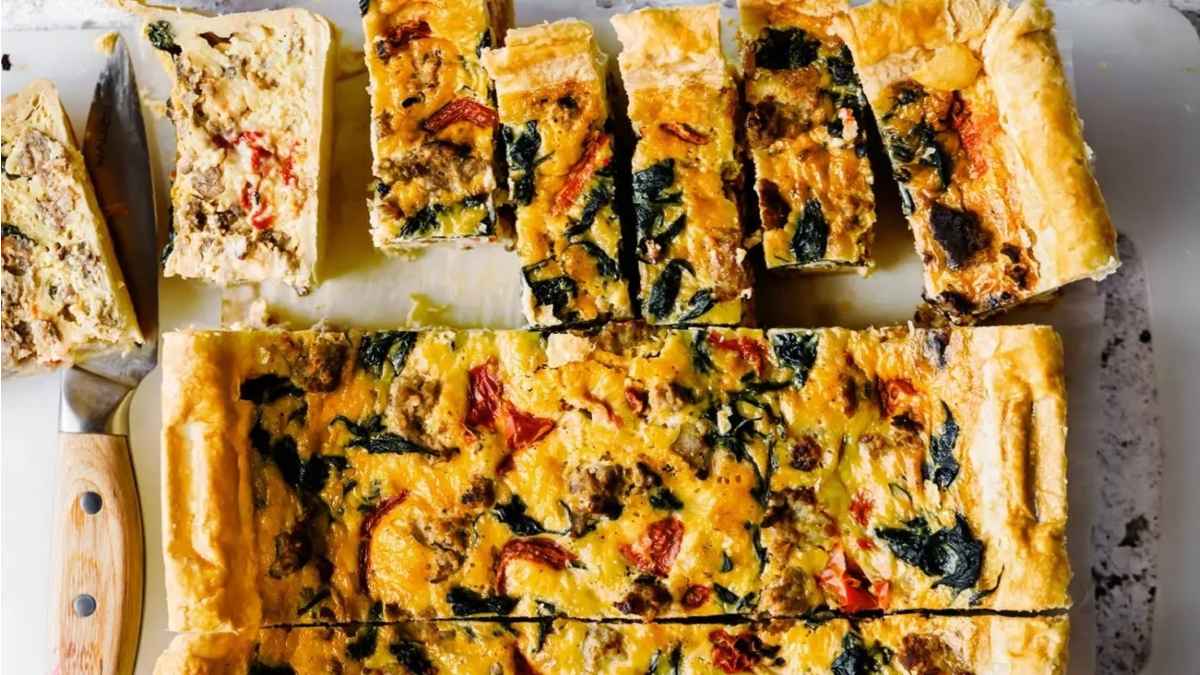 Spinach, Sausage And Roasted Red Pepper Quiche.