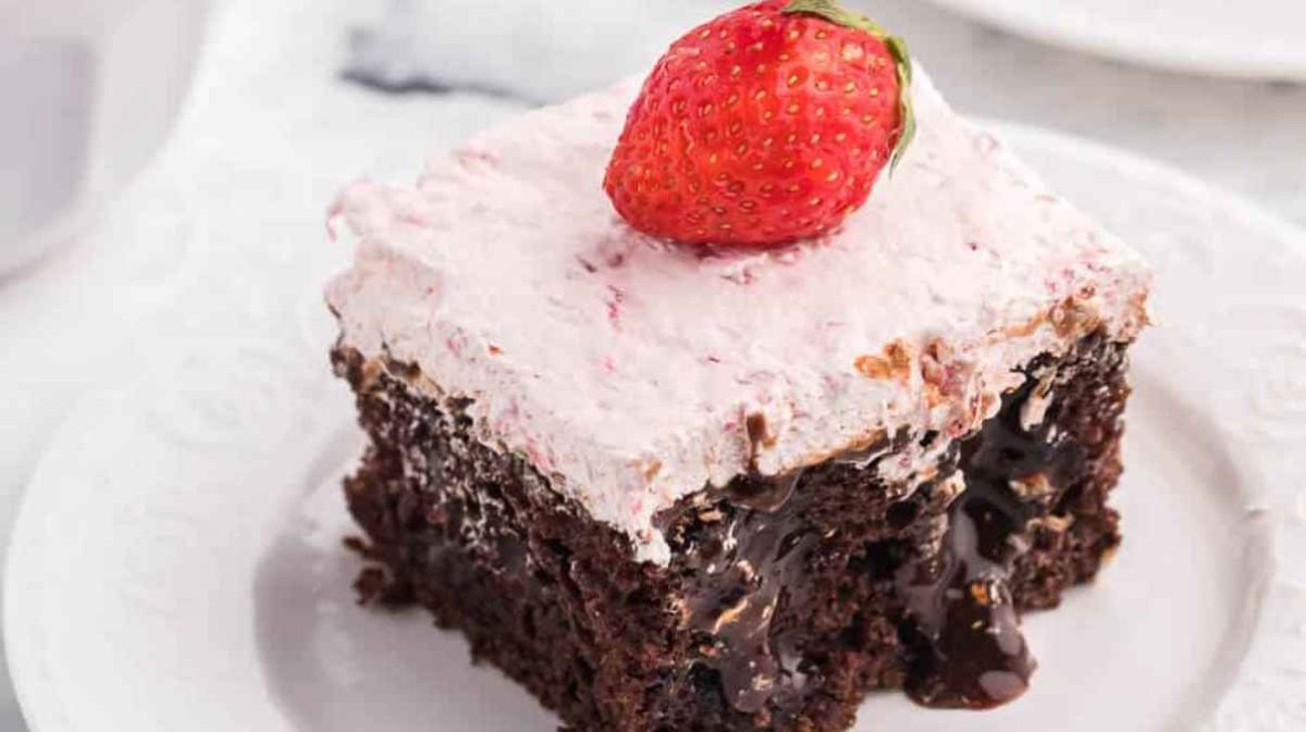 Strawberry And Chocolate Poke Cake.