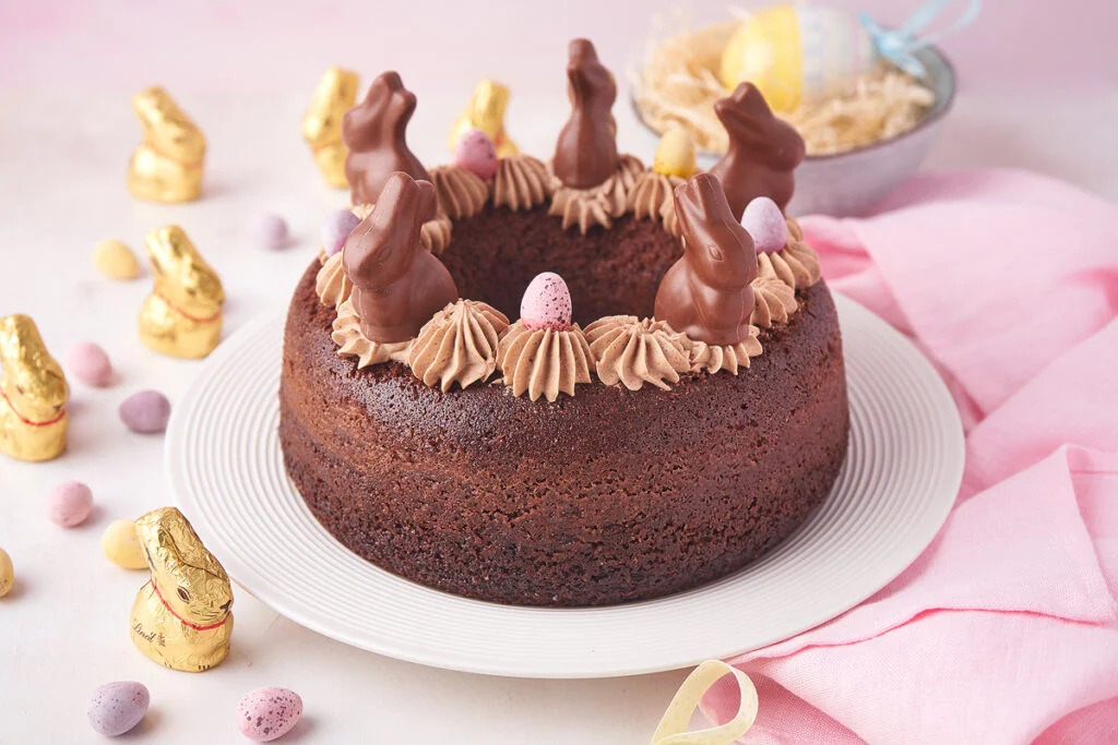 chocolate easter bundt cake with bunnies b