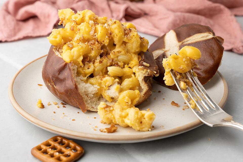 mac beer cheese in a mini pretzel bowl