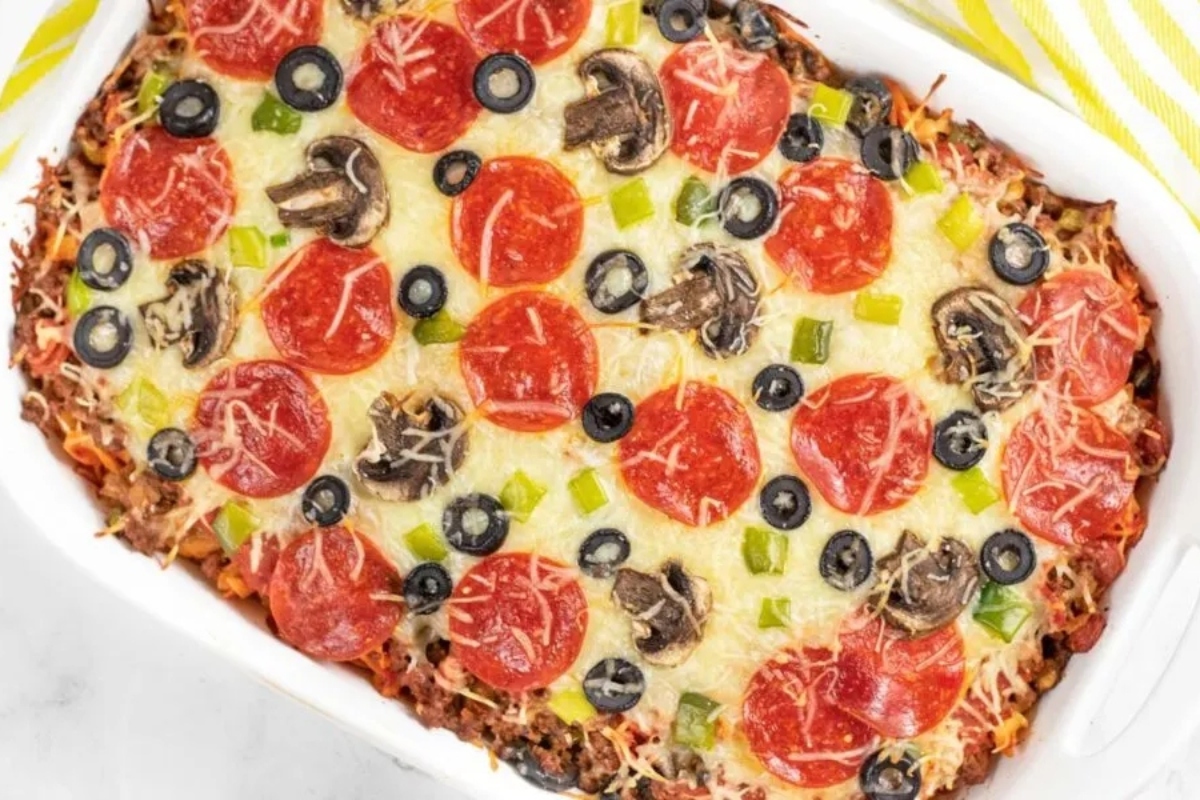A casserole with pepperoni and olives.