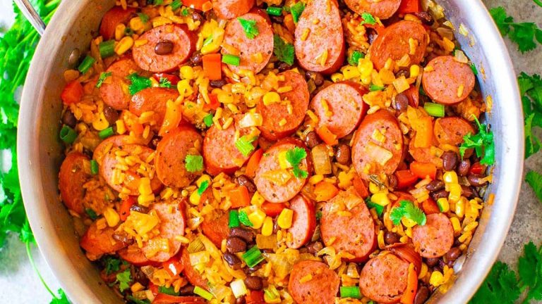15-Minute Mexican Skillet Recipe With Sausage, Rice & Beans.