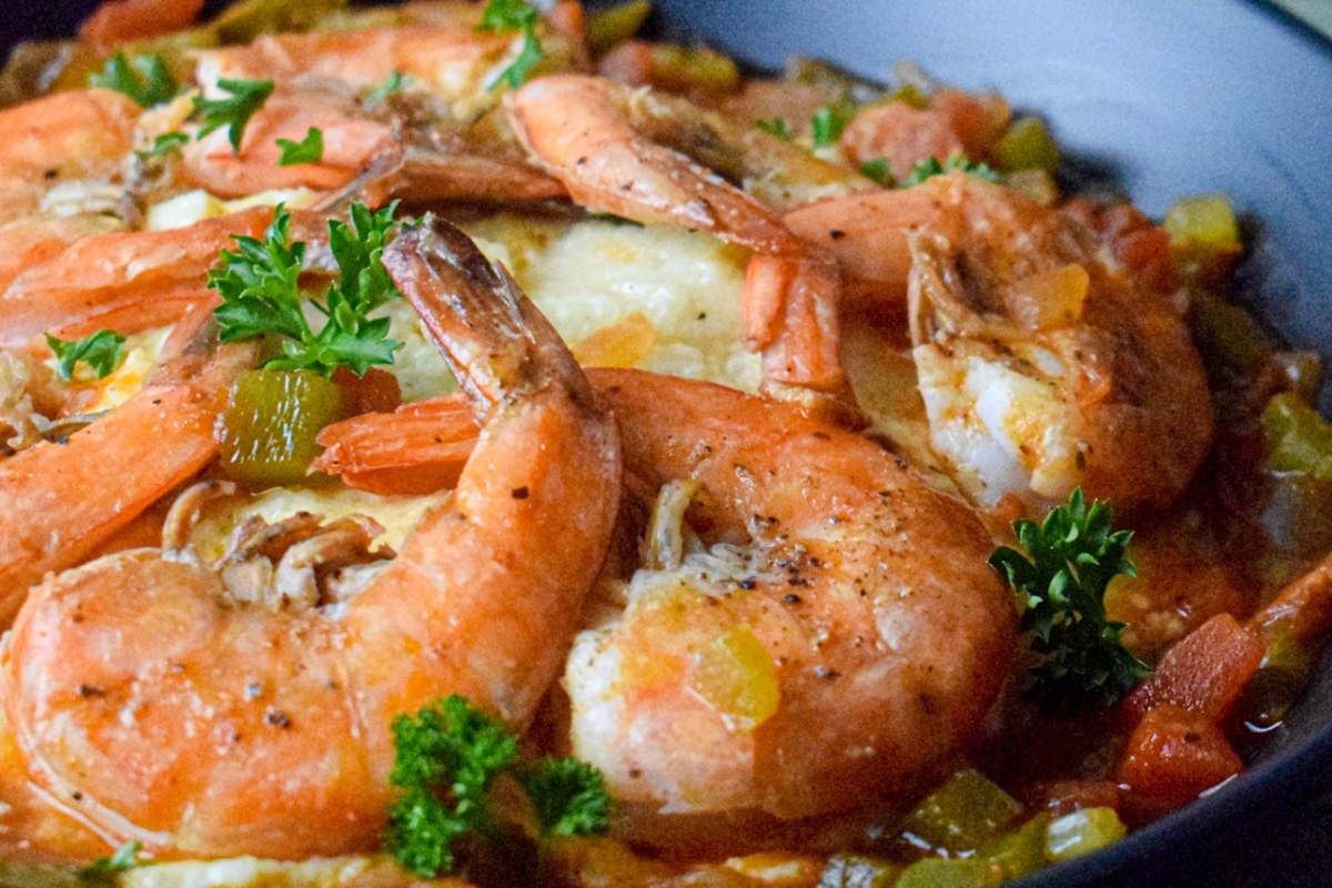 A close up of shrimp and grits.