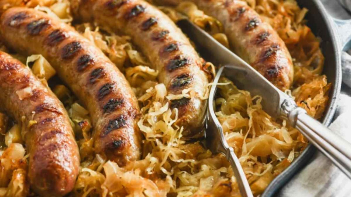 Baked Brats in Caramelized Sauerkraut. 