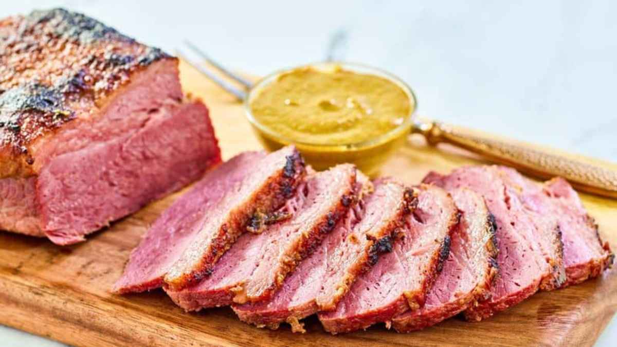 Baked Corned Beef With Mustard And Brown Sugar.