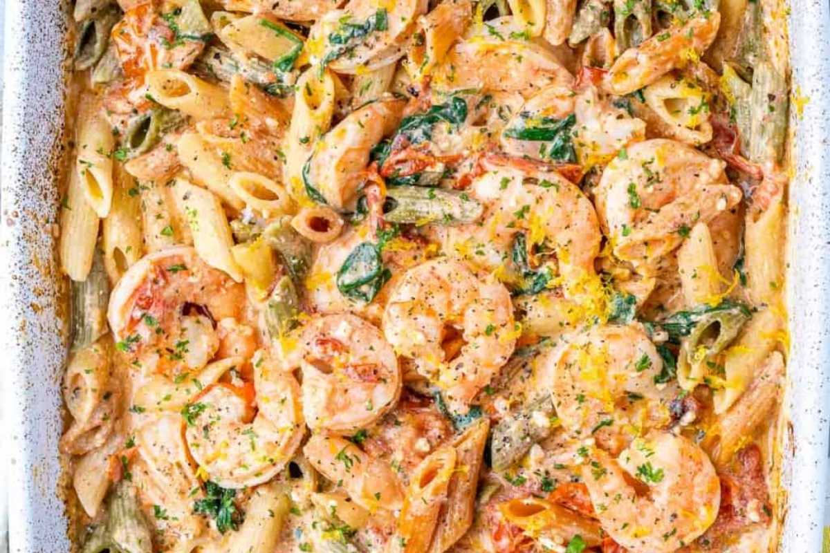 Baked Feta Pasta with Shrimp. 