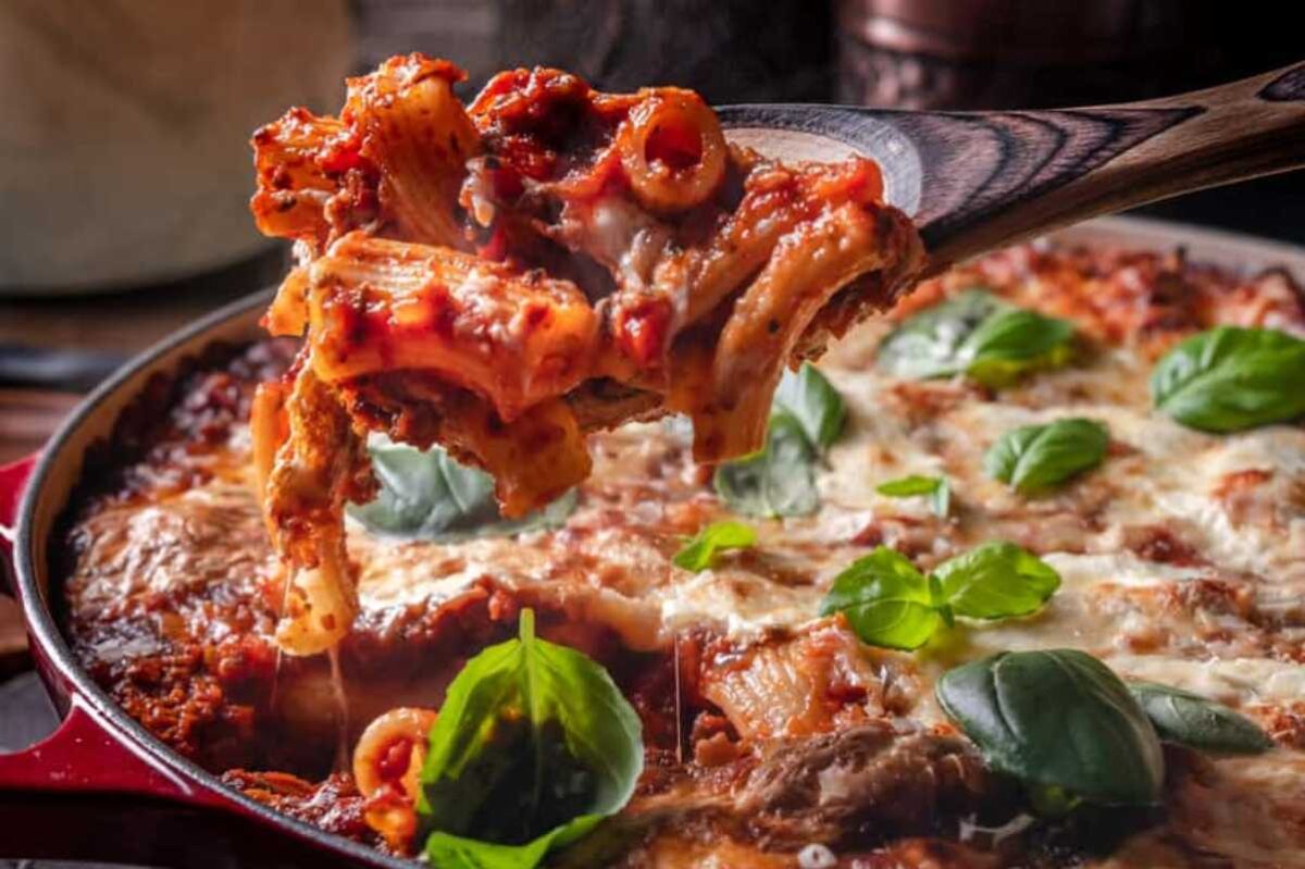 Baked Rigatoni With Tomato Herb Meat Sauce.