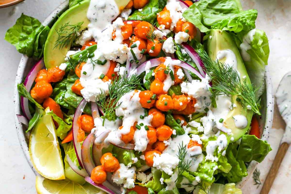 Buffalo Chickpea Salad With Yogurt Ranch Dressing. 
