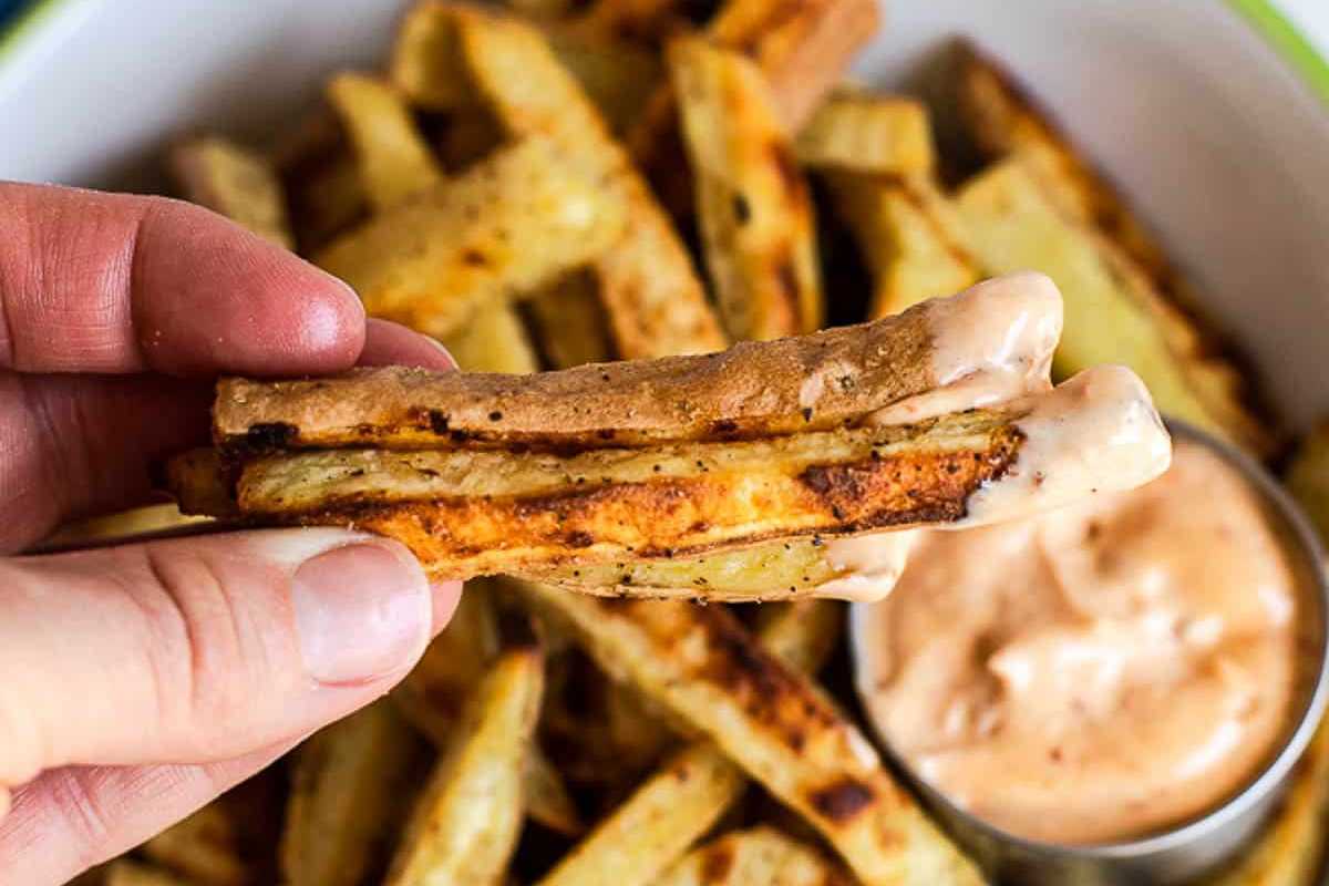 Crispy White Sweet Potato Fries With Chipotle Mayo. 