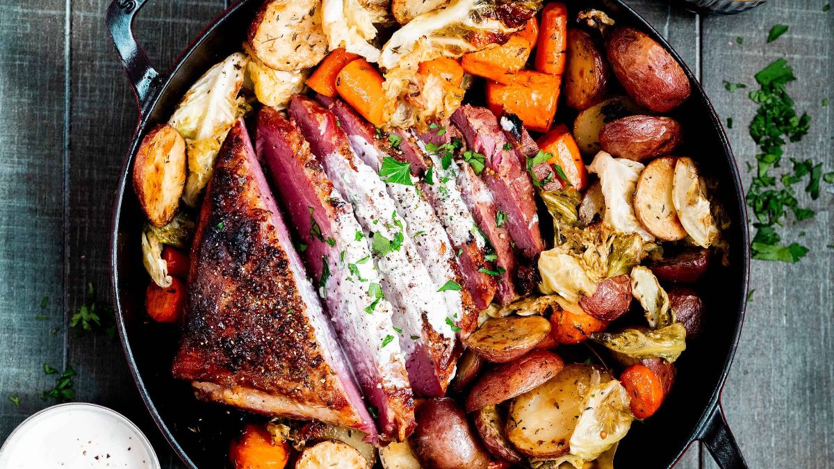 Dutch Oven Corned Beef And Cabbage With Horseradish Sauce. 