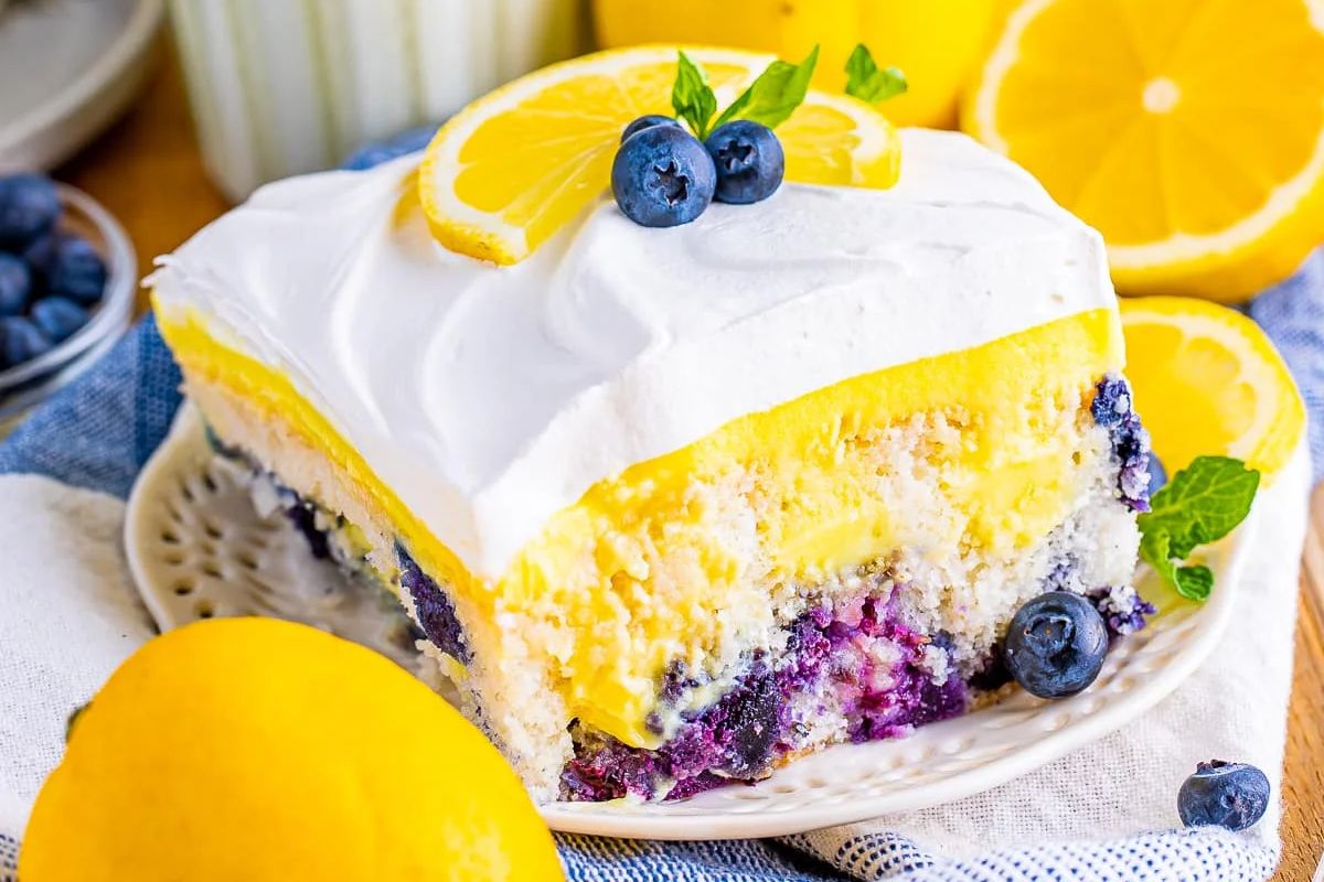 Easy Blueberry Lemon Poke Cake (with Lemon Pudding). 