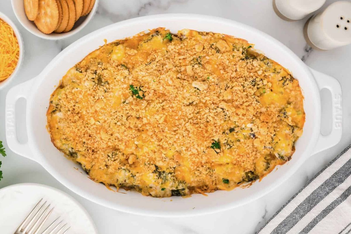 Easy Broccoli Cheese Casserole With Ritz Crackers.