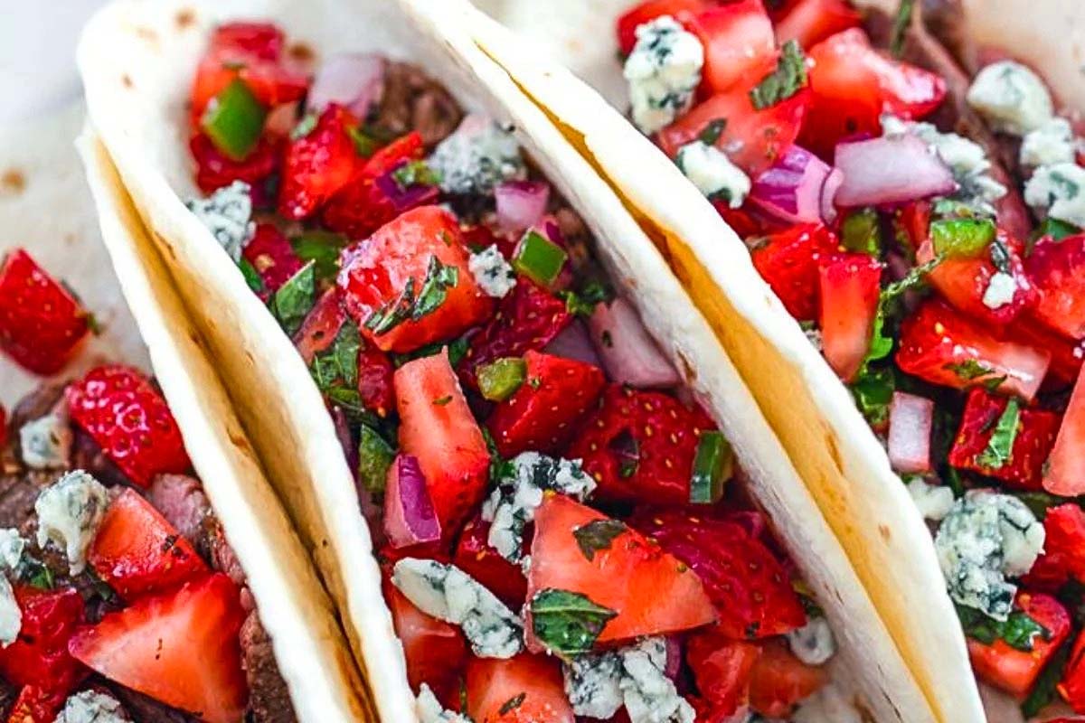 Flank Steak Tacos with Strawberry Salsa. 