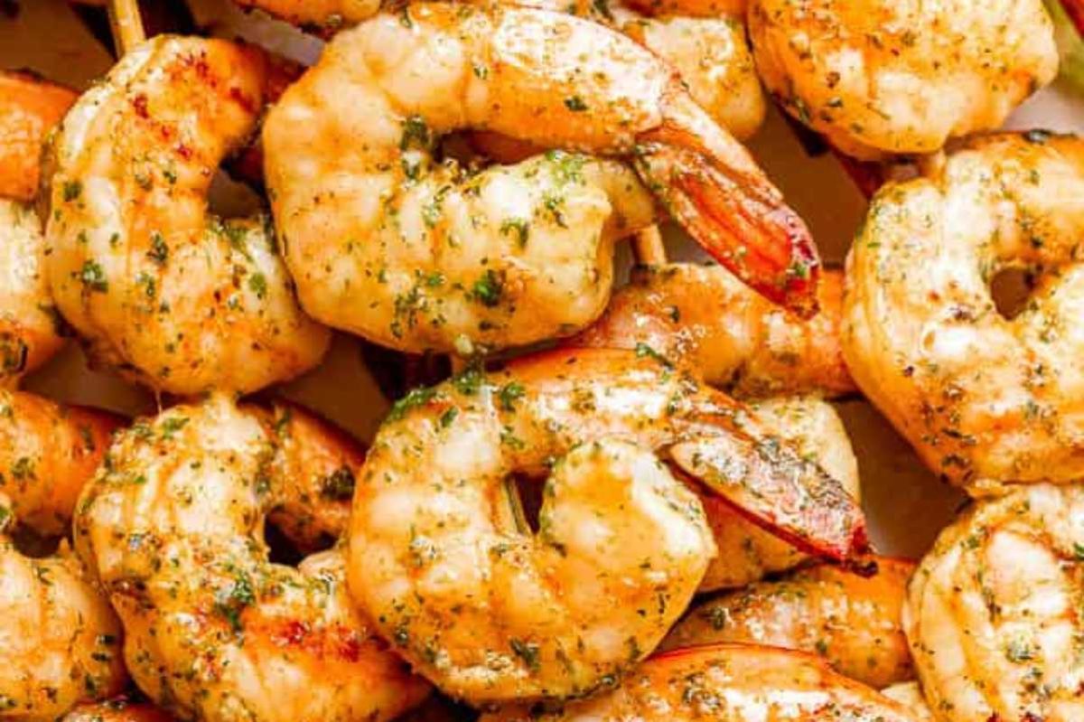 Garlic Basil Grilled Shrimp Skewers. 