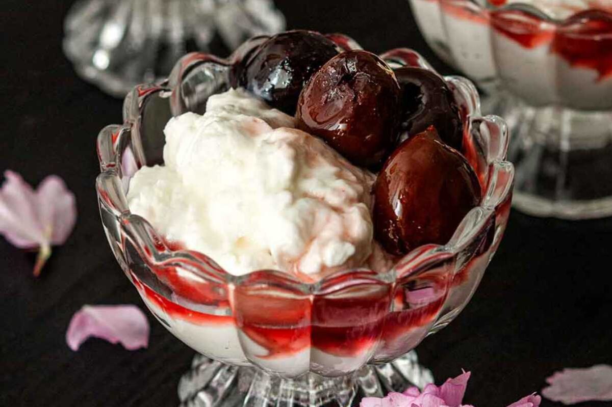 Greek Yogurt With Cherry Spoon Sweets. 