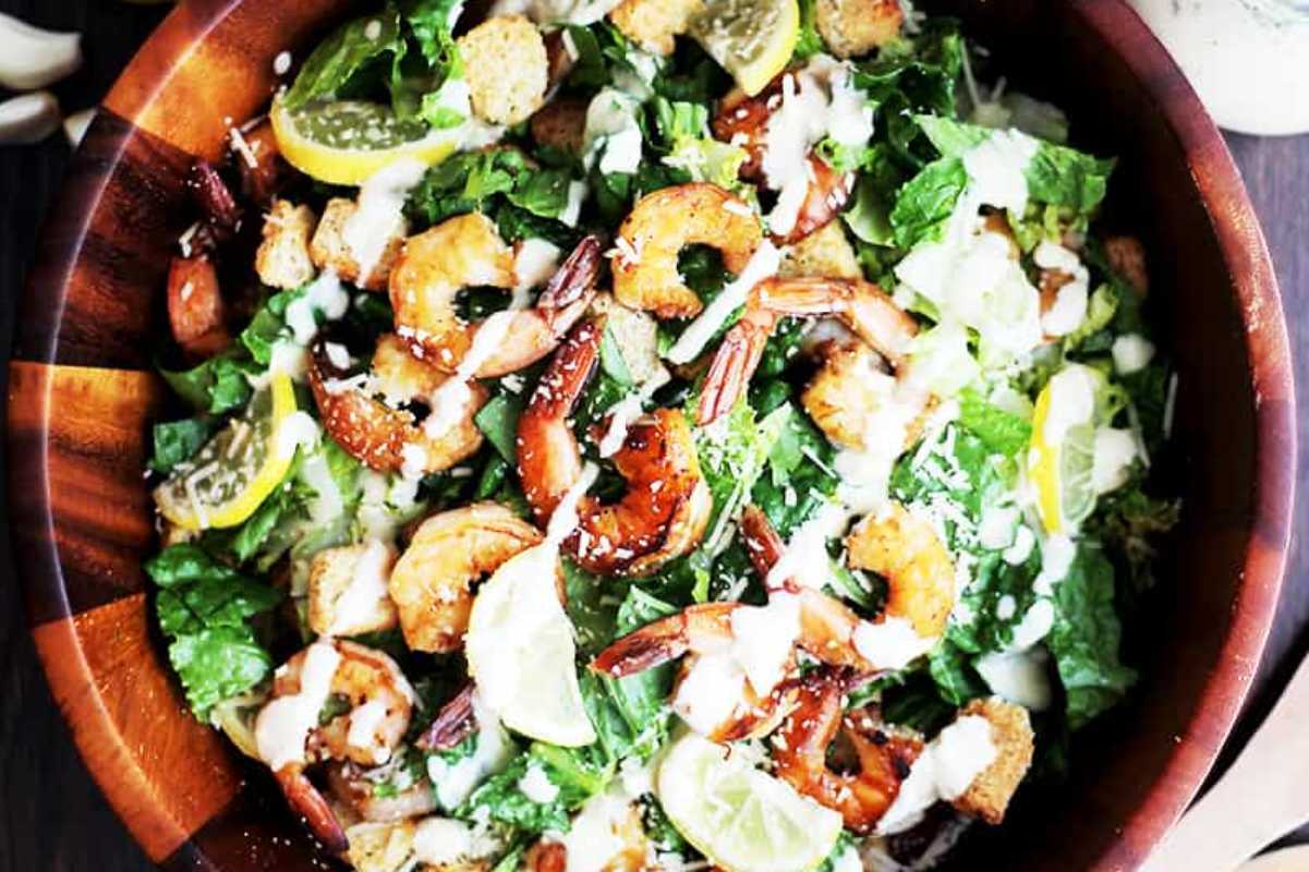 Grilled Shrimp Caesar Salad with Homemade Light Caesar Dressing (NO YOLKS!).