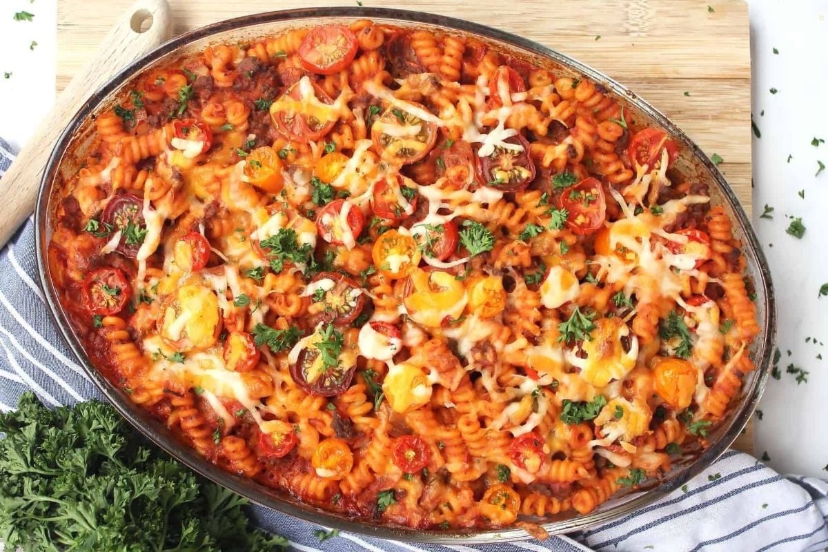 Ground Beef and Tomato Pasta Bake.