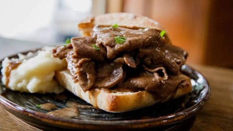 Homemade Hot Roast Beef Sandwich.