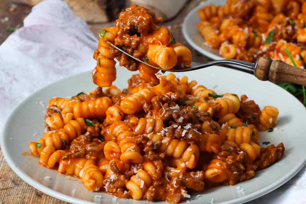 Homemade beefaroni recipe on platter talk