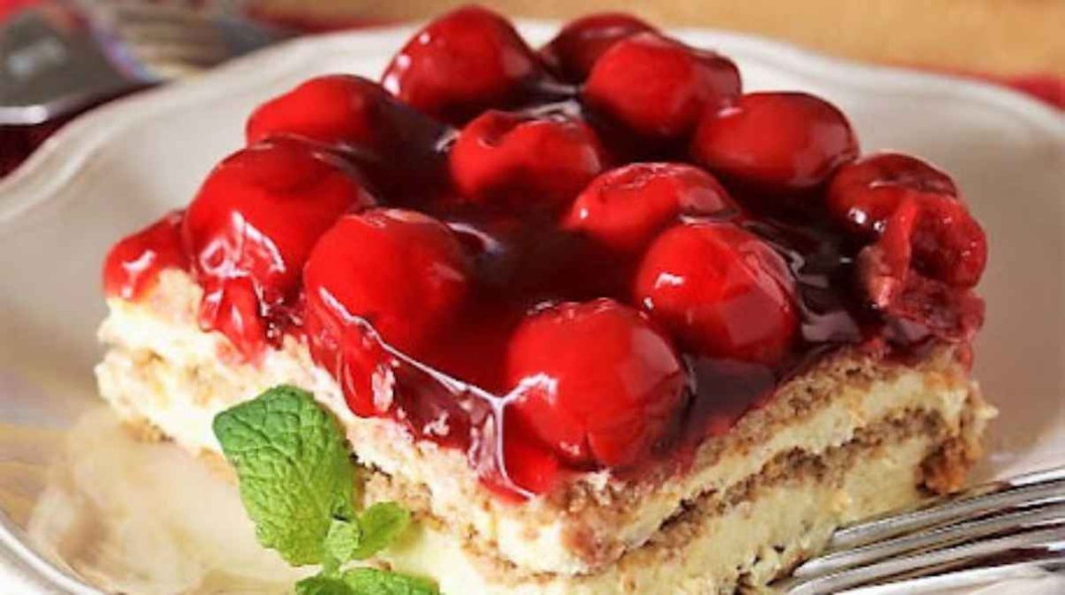 No-bake Cherry Eclair Dessert. 