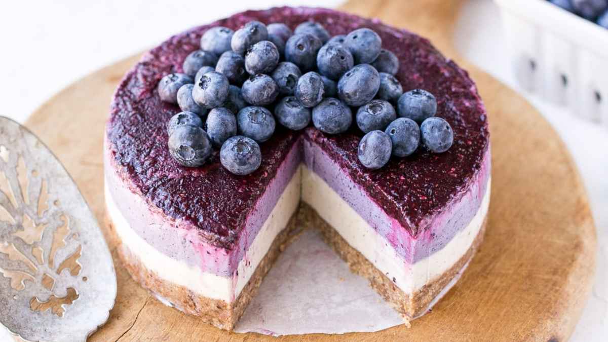 No-Bake Vegan Layered Blueberry Cheesecake.