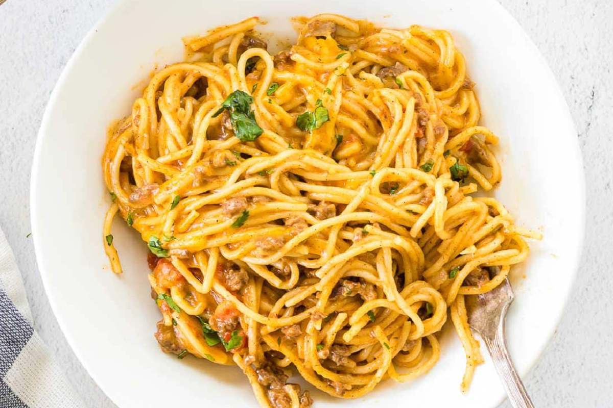 Easy One Pot Taco Spaghetti.